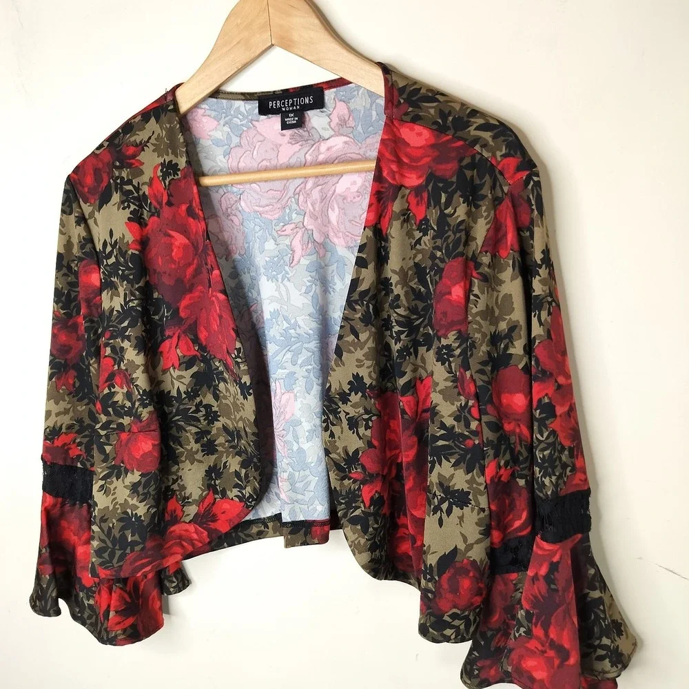 Perceptions Floral Jacket Cardigan Topper Flare Sleeve Lace Inset - Picture 3 of 8